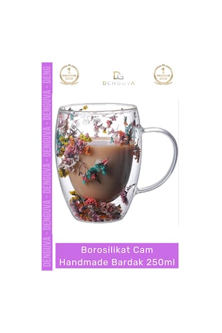 Borosilikatbardak Çift Camlı Kurutulmuş Çiçekli Borosilikat Isıya Dayanıklı Cam Handmade Kulplu Bar Çok Renkli