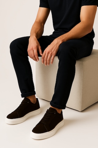 Growish Gre0065-6 Hakiki Nubuk Deri Yüksek Beyaz Eva Taban Koku Yapmaz Lazer Detaylı Kahverengi Sneakers Ayakkabı Koyu Kahverengi