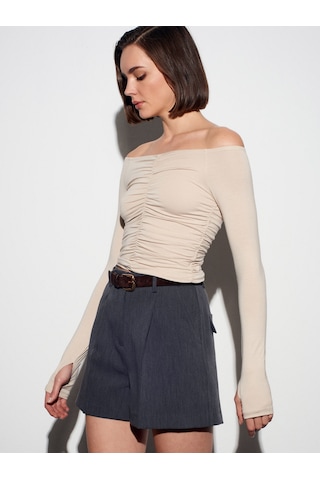 32089 Omuzları Açık Büzgülü Top-bej Bej