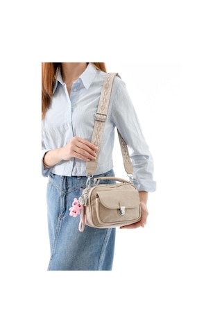 Vegan Deri Kadın Postacı Çanta 21 15 Cm Yıkama Suni Deri Omuz Çantası Çapraz Askılı Çanta Bej