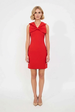Benerly Kadın V Yaka Kolsuz Bodycon Midi Elbise Astarlı Micro Dokuma Elas Kırmızı