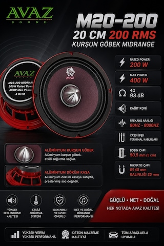 Avaz M20-200 20 Cm 200 Rms Kurşun Göbek Midrange
