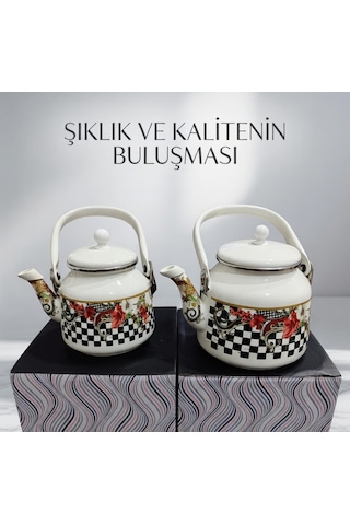 Alev Emaye Çaydanlık Takımı Nostaljinin Modern Yorumu Beyaz - Siyah