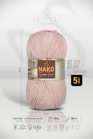 Süper İnci - 318 Gül Goncası - 5'li Paket - 100gr/260m - El Örgü İpi - Atkı Yelek Kazak İpi