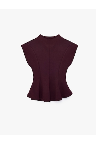 Koton Viskon Karışımlı Slim Fit Kolsuz Dik Yaka Peplum Bluz Bordo 7wak70012uk