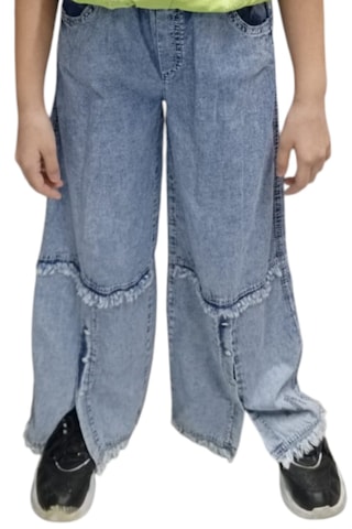 Kız Çocuk Beli Lastikli Çıtçıt Detaylı Cepli Palazzo Model Mevsimlik Mavi Kot Pantolon Açık Mavi