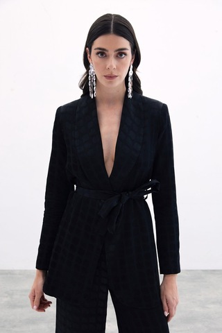 Sateen Kare Desenli Kuşaklı Ceket - Siyah-135788 Siyah