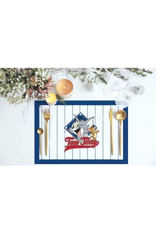 Lacivert Çizgili Tom & Jerry Kumaş Amerikan Servis 4lü Set 35x50cm Warner Bros Lisanslı, Keten Kumaş Çok Renkli