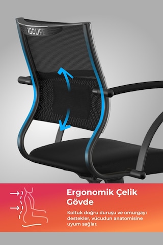Ergolife Sit Air Ofis Koltuğu Tekerlekli, Yükseklik Ayarlı, Fileli, Siyah, Bilgisayar Sandalyesi -572.60.1.222 Çok Renkli