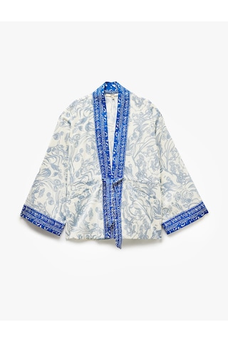 Koton Pamuklu Cepli Bağlama Detaylı 3/4 Geniş Kollu Çiçekli Kimono Mavi Desenli 5sak50030pw Mavi Desenli