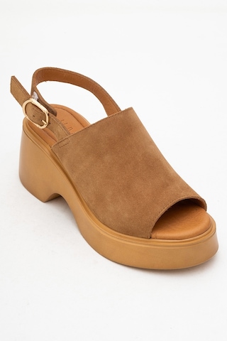 Luvishoes Power Taba Süet Hakiki Deri Kadın Dolgu Topuklu Sandalet Taba Süet