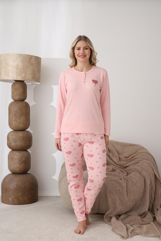 Boyraz Lindros Kadın Pamuk'lu Düğme Yaka Raporlu İnterlok Kışlık Pijama Takımı 0112 - 1 Adet Pembe
