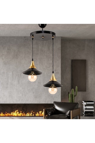 Dede İkili Embudo Tepsili Avize Gold Huni Japon Şapkalı Siyah2