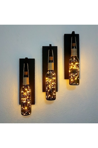 Retro Yeşil Şişeli Led Işıklı, Mat Siyah Aplik, 3 Lü Set