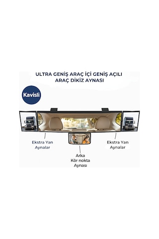 Polham Kavisli Ultra Geniş Araç İçi Dikiz Aynası Ekstra Yan Ve Kör Nokta Aynalı, Tüm Araçlara Uyumlu