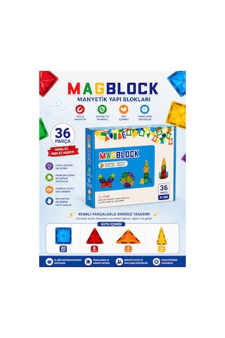 36 Parça Manyetik Yapı Blokları - Tamamı Mıknatıslı - Destekleyici Set - Tüm Modellerle Uyumlu.