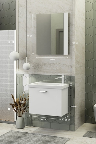 Biani Maxila 60 cm Banyo Dolabı,Seramik Lavabolu, Aynalı,Lavabo Dahil,Mdf,Beyaz