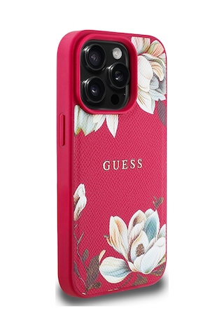 Apple Uyumlu iPhone 15 Pro Max Kılıf Guess Lisanslı Magsafe Özellikli Çiçek Tasarımlı Metal Logolu Kapak Fuşya