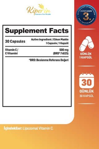 Lipozomal C Vitamini 500mg Lipozomal Kaplama İle Çok Yüksek Biyoaktif Akıllı Gıda Takviyesi 30 Kapsül