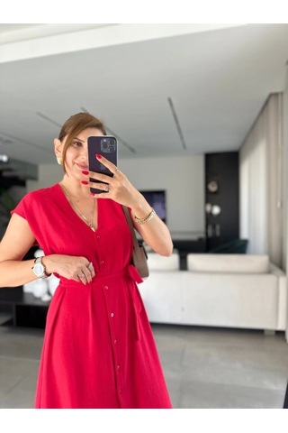 Defymoda Kadınn V Yaka Düğme Detay Kuşak Dahil Elbise Kırmızı