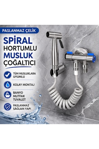 Polham Paslanmaz Çelik Spiral Hortumlu Musluk Çoğaltıcı Çift Çıkışlı, Sprey Başlıklı, Banyo Tuvalet Lavabo Temizlik Seti Krom