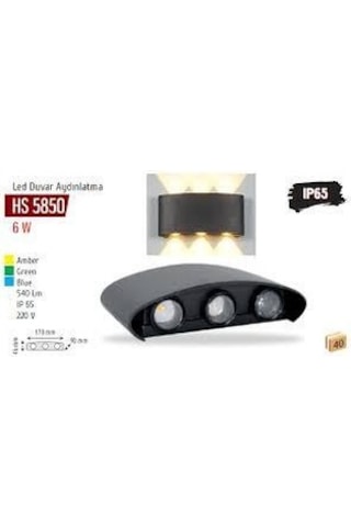 6w Led Duvar Aydınlatma, Günışığı, Siyah Kasa Hs 5850 Siyah