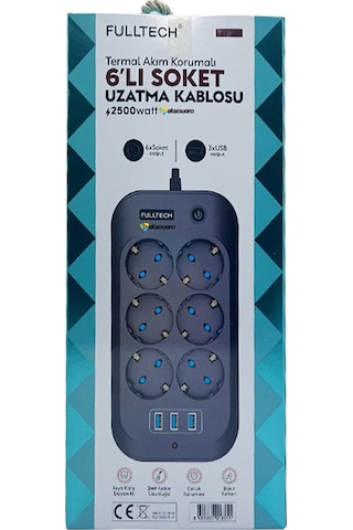 Fulltech Termal Akım Korumalı, Çocuk Korumalı, 6'lı 2 Mt Uzatma K
