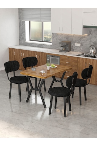 Azra 70x110cm Atlantik Mutfak Masası, Mutfak Masası Takımı, Yemek Masası, 4 Siyah Sandalye Siyah