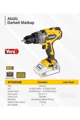 Rtrmax RTX3020B Akülü Solo Darbeli Matkap150 NM