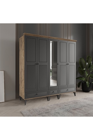 Beenal Nisa 5 Kapaklı Gardırop Dolap 200cm Atlantik Çam - Antrasi