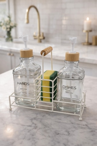 Makri Home Lüks Bambu Kulplu Beyaz Metal Stantlı İkili Cam Sıvı Sabunluk 500 Ml, 23x9x23,5 Cm