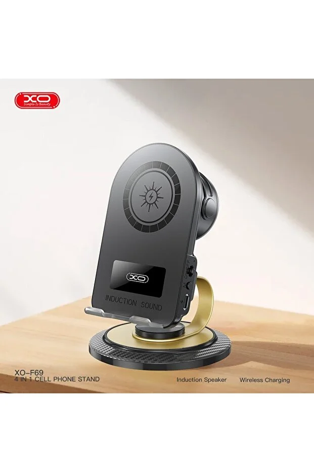 Xo-f69 4 İn 1 Cep Telefonu Standı - Bluetooth Hoparlör Ve Kablosuz Şarj Bir Arada Siyah