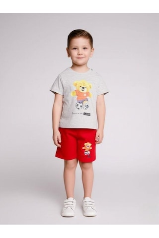 Erkek Bebek Ayıcıklı Pamuklu Şortlu Takım-15829 Gri