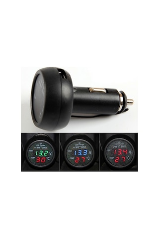Sones 3'ü 1 Arada Universal Araç Dijital Gerilim Ölçer Sıcaklık Ölçer Usb Şarj Cihazı, Dc12-24v