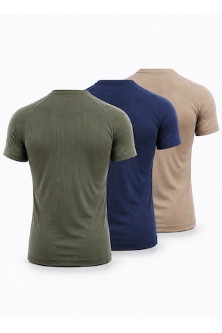 Sapeur 3'lü Erkek Premium Ribana Compression Spor Ve Günlük Tişört - Ultra Esnek Ve Nefes Alan Haki - Lacivert - Bej
