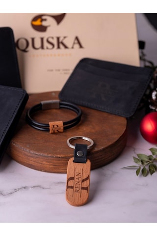 Quska Kişiye Özel İsimli El Yapımı Hakiki Deri Siyah Kartlık+anahtarlık+bileklik Set - Grain Minimal Siyah