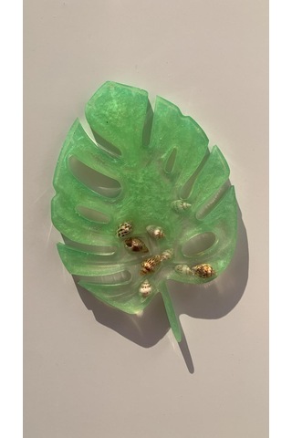 Fıstık Yeşili Renk İstiridye Süslü Yaprak Epoksi Bardak Altlığı Fıstık Yeşili