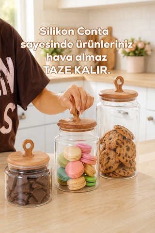 Porsima 4468 Handmade Vakum Kapaklı 3lü Cam Kavanoz Seti Vakum Kapaklı Saklama Düzenleme Kabı Seti Şeffaf