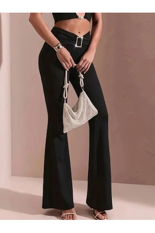 Simala Kadın Yüksek Bel Tokalı Ispanyol Paçalı Dalgıç Pantolon Siyah