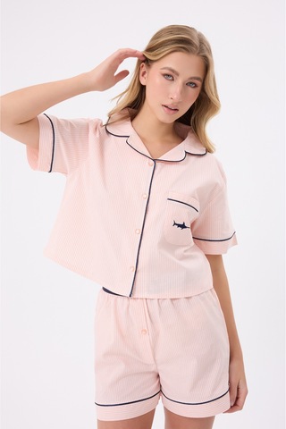 Lespadon Marısılk Seastrıpe Kadın Yazlık Şortlu Crop Gömlekli Pijama & Lounge Takımı-3173 Pembe