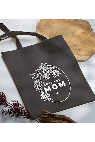Bk Gift Anneler Günü Tasarımlı Antrasit Kumaş Bez Çanta, Baskılı Omuz Çantası, Alışveriş Çantası, Anneler Günü Hediyesi, Anneye Hediye-4 Çok Renkli