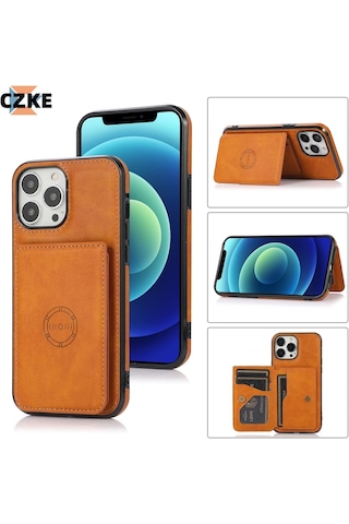 Iphone 13 Pro Max Uyumlu Kart Bölmeli Cüzdanlı Deri Kılıf Taba
