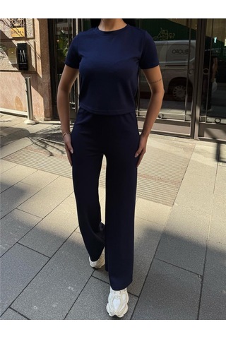 WeShaya Lacivert Polyester Keten Palazzo Takım Lacivert