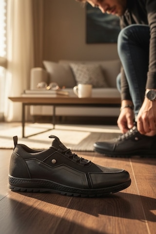 Enoch Hakiki Deri Siyah Erkek Sneaker Ortopedik Taban Siyah
