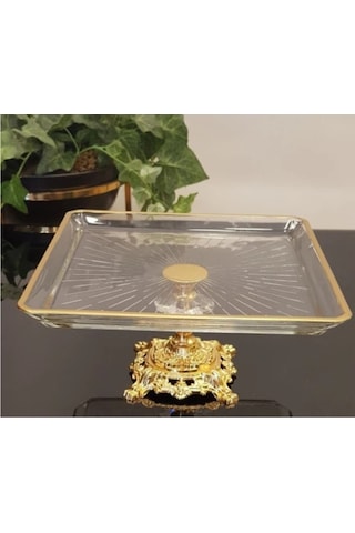 Argkristal Metal Ayaklı Gold Detaylı Paşabahçe Madlen Sunum Servis Tabağı Altın