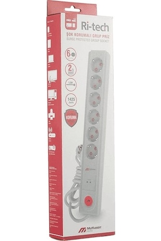Mutlusan Ri-Tech 6'lı Şok Korumalı Anahtarlı Topraklı Grup Priz 1.5 Metre Beyaz