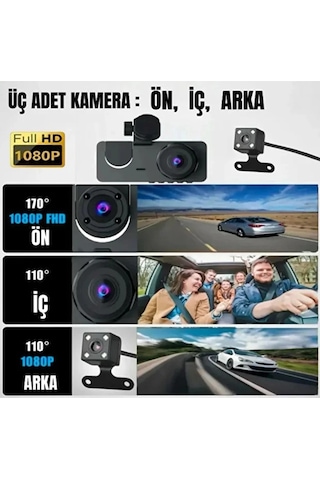 1080p Full Hd Çözünürlüklü Üç Kameralı Araç İçi Kamera - Park Ve Sürüş Güvenliği