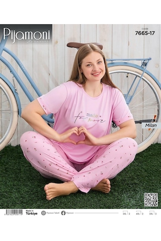 Pijamoni Kadın Milan Büyük Beden Bisiklet Yaka Kısa Kol İnce Pijama Takımı 7665/17 - 1 Adet Pembe