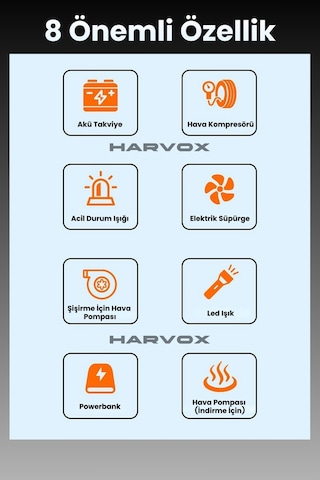 Harvox Jump Starter Akü Takviye Cihazı 10 İn 1 Powerbank, Hava Kompresörü, Lcd Ekran,12.000mah
