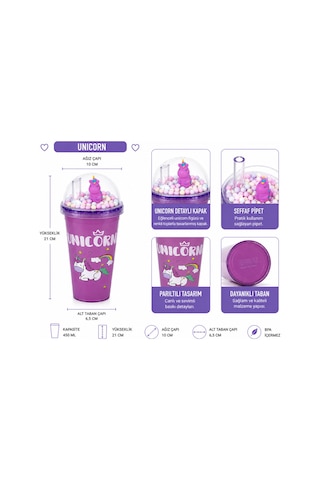 Unicorn Temalı Pipetli Bardak 450 Ml Pembe Renkli Çocuk Matara Şeffaf Kapaklı Bpa İçermez 4 Farklı Model Çok Renkli - Pembe&mor Tonlu